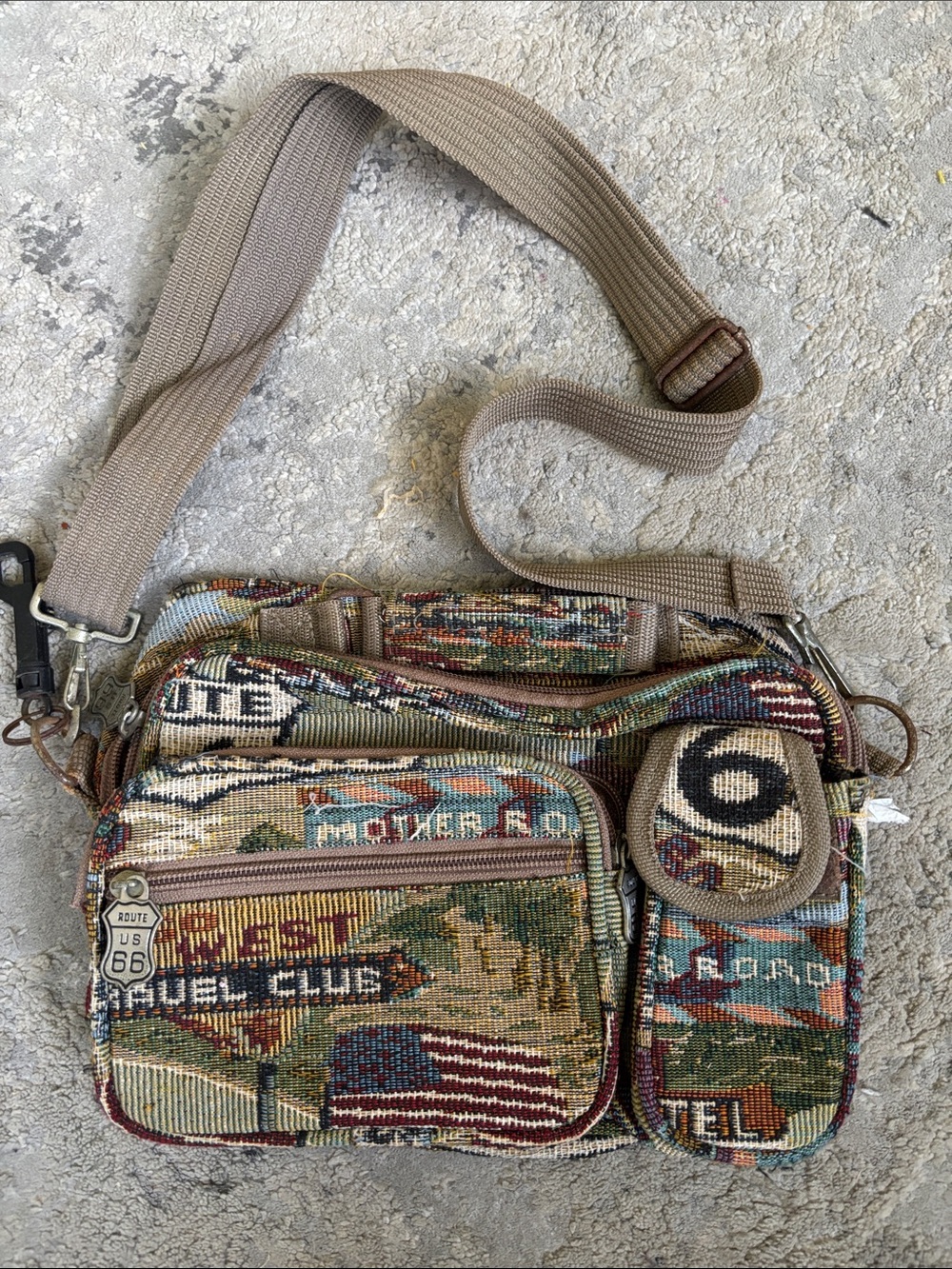 Route 66 Multicolor Tapestry Messenger Bag with Tan Strap